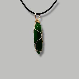 Green Adventurine Gemstone Point Necklace Golden Wire Wrap On Black Cord